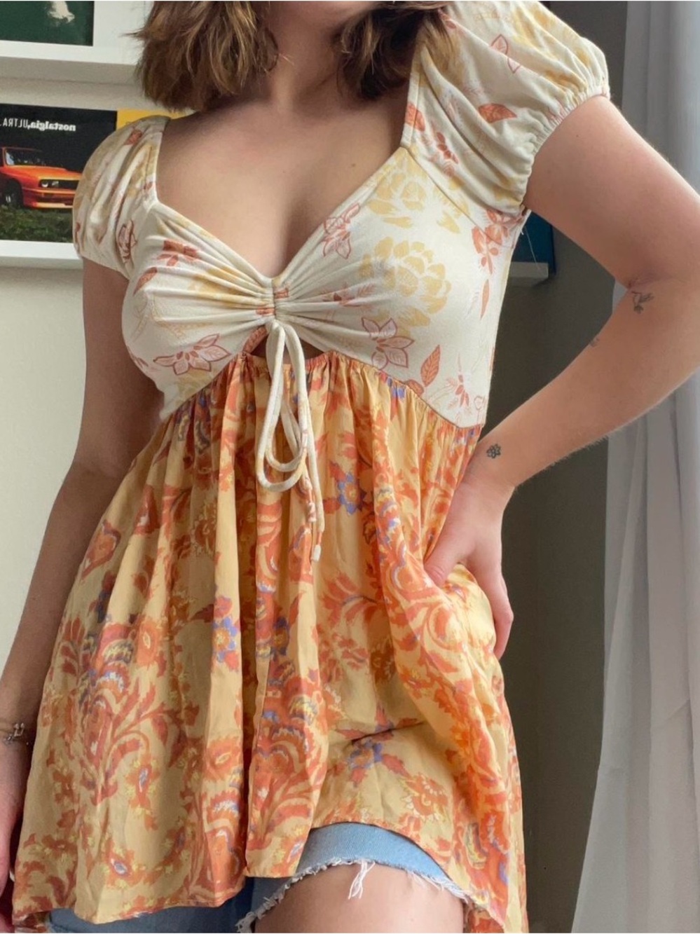 Free People Cream and Orange Floral Babydoll Top